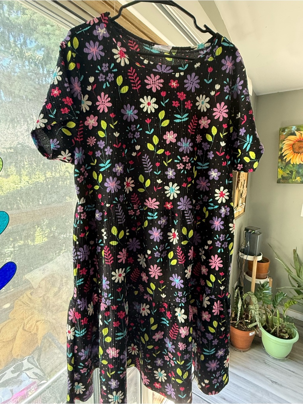 LuLaRoe Black Floral Crepe Dress with Pink, Purple, Teal and Yellow Flowers